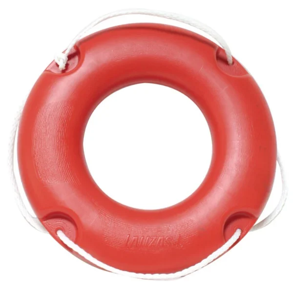 Red lifebuoy ring with rope, Lalizas brand, marine safety equipment