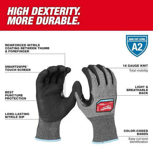 MILWAUKEE CUT LEVEL 2 HIGH DEXTERITY NITRILE DIPPED GLOVES