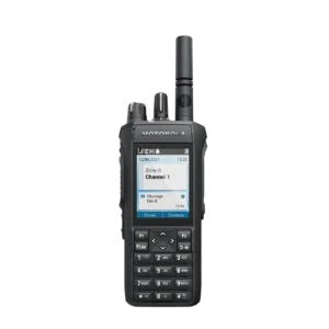 Black handheld two-way radio with Motorola logo, display showing channel information, and antenna