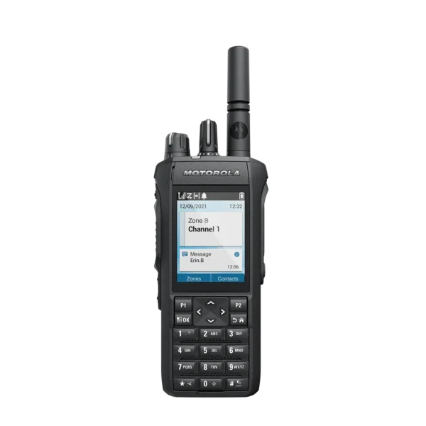 Black handheld two-way radio with Motorola logo, display showing channel information, and antenna