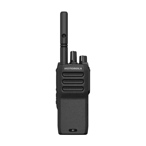 Black handheld two-way radio with Motorola logo, antenna, and buttons