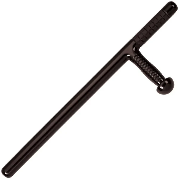 Black baton with textured grip, self-defense tool