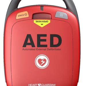 Heart Guardian AED, red and black, portable defibrillator, emergency medical device